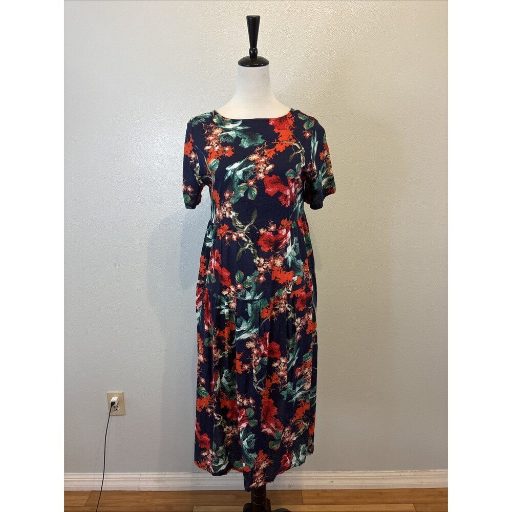 Navy Floral Midi Dress Womens Size XS/S Short Sleeve Round Neck Elastic Waist